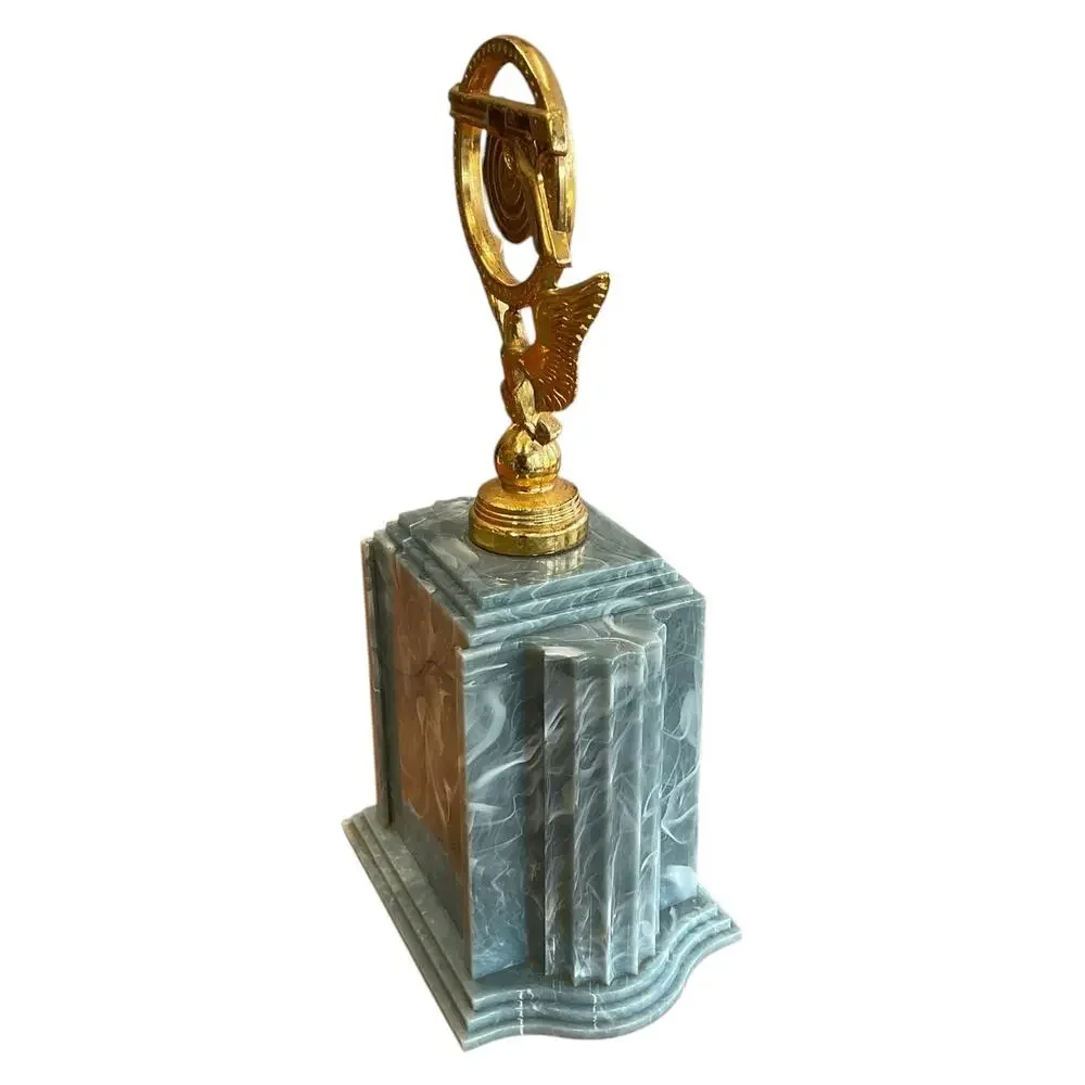 Vintage Blue Swirl‎ Shooting Trophy with Pistol and Target Gold Topper